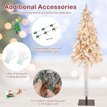 Goplus 6ft Pre-Lit Slim Pencil Christmas Tree, Artificial Snow Flocked Xmas Tree with 175 Warm-White Incandescent Lights, 442 Branch Tips, Metal Plate Stand, for Office Home Holiday Decor