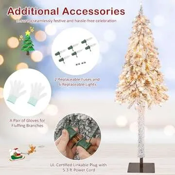 Goplus 6ft Pre-Lit Slim Pencil Christmas Tree, Artificial Snow Flocked Xmas Tree with 175 Warm-White Incandescent Lights, 442 Branch Tips, Metal Plate Stand, for Office Home Holiday Decor
