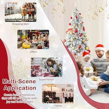 Goplus 6ft Pre-Lit Slim Pencil Christmas Tree, Artificial Snow Flocked Xmas Tree with 175 Warm-White Incandescent Lights, 442 Branch Tips, Metal Plate Stand, for Office Home Holiday Decor