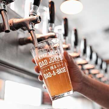 DAZLUTE Father Day Gifts for Dad, I Keep All Dad Jokes in Dad-A-Base Beer Glass for Dad Father Stepd...