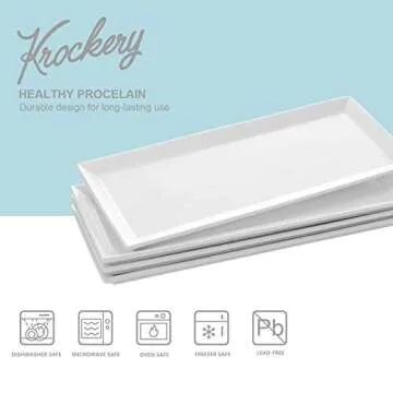 Krockery Large Porcelain Serving Platters, White Plates, Rectangular Serving Trays for Parties, 14.5 Inch, Set of 4