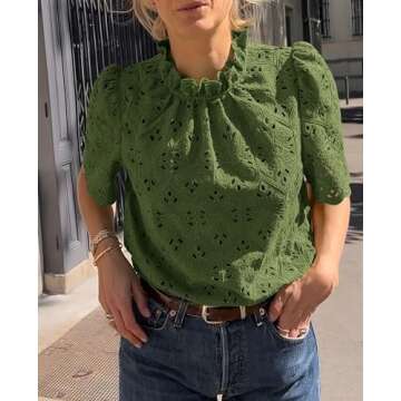 PRETTYGARDEN Summer Tops for Women 2025 Trendy Short Sleeve Eyelet Embroidered Dressy Casual Blouse Shirts (Army Green,Medium)