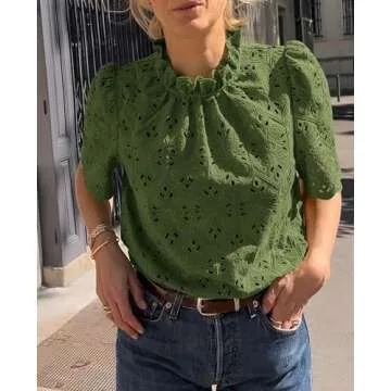 PRETTYGARDEN Summer Tops for Women 2025 Trendy Short Sleeve Eyelet Embroidered Dressy Casual Blouse Shirts (Army Green,Medium)