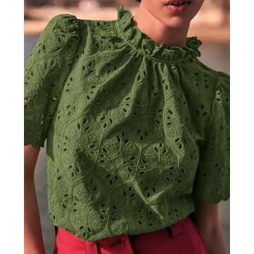 PRETTYGARDEN Summer Tops for Women 2025 Trendy Short Sleeve Eyelet Embroidered Dressy Casual Blouse Shirts (Army Green,Medium)
