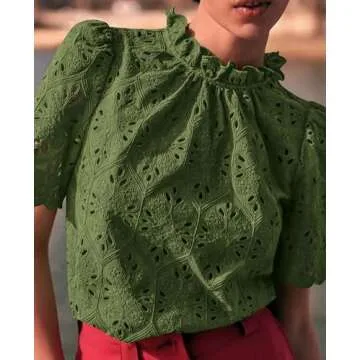 PRETTYGARDEN Summer Tops for Women 2025 Trendy Short Sleeve Eyelet Embroidered Dressy Casual Blouse Shirts (Army Green,Medium)