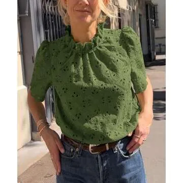 PRETTYGARDEN Summer Tops for Women 2025 Trendy Short Sleeve Eyelet Embroidered Dressy Casual Blouse Shirts (Army Green,Medium)