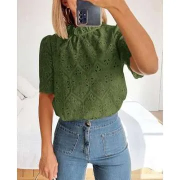 PRETTYGARDEN Summer Tops for Women 2025 Trendy Short Sleeve Eyelet Embroidered Dressy Casual Blouse Shirts (Army Green,Medium)