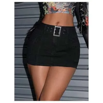 Floerns Women's Casual Buckled Belt Drop Waist Straight Denim Mini Skirt
