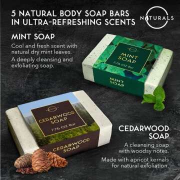 O Naturals 5PC Mens Soap Gift Sets, Gifts for Men, Organic Bar Soap for Men, Mens Gift Set Exfoliating Soap Cedarwood & Mint, Mens Bar Soap in Citrus, Olive Oil, African Black Soap, Soap Gifts For Men