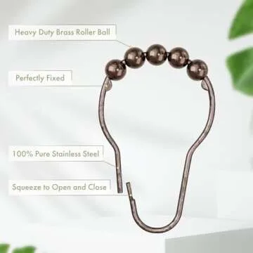 Amazer Shower Curtain Hooks, Decorative Bronze Shower Curtain Hooks,Stainless Steel Rust-Resistant Shower Hooks for Curtains-Set of 12