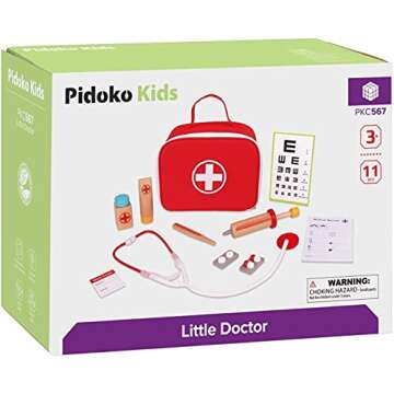 Pidoko Kids Doctor Kit for Kids - Wooden Pretend Play Set (11 Pcs) - Toys for Toddlers Boys and Girls 3, 4, 5, 6, 7 Year Old and up - Doctors Medical Gifts Playset
