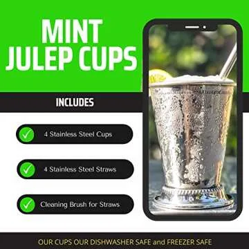 Mint Julep Cups Set of 4 with Straws - Stainless Steel Mint Julep Cup - Mint Julep Glasses - 12oz Commercial Grade Cups - Metal Cups - 2024 Mint Julep Set by Flavourd