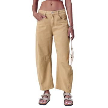 GREAIDEA Mid Rise Barrel Jeans for Women - Wide Leg Denim Pants with Pockets