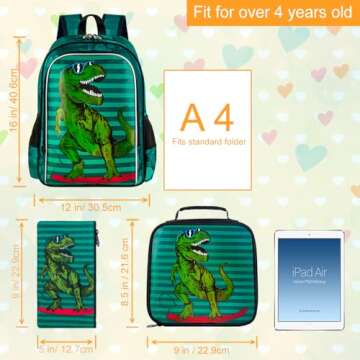 AGSDON 3PCS Dinosaur Backpack for Boys, 16" little Kid Dinosaur Preschool School Bookbag and Lunch Box