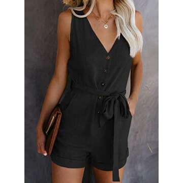 Acelitt Women Casual V Neck Sleeveless Button Down Belted Summer Short Jumpsuit Rompers Playsuit Short Pants with Pockets Black Large