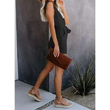 Acelitt Women Casual V Neck Sleeveless Button Down Belted Summer Short Jumpsuit Rompers Playsuit Short Pants with Pockets Black Large