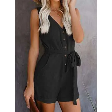 Acelitt Women Casual V Neck Sleeveless Button Down Belted Summer Short Jumpsuit Rompers Playsuit Short Pants with Pockets Black Large