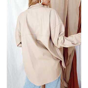 Leather Shirt Jacket Lapel Button Up Pockets Solid Oversized Shacket Coat Beige
