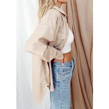 Chic Oversized Faux Leather Shirt Jacket in Beige
