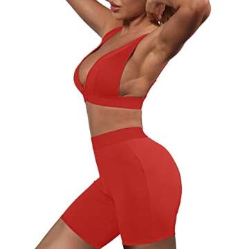 Ekaliy Women's Workout Outfit 2 Pieces Workout Shorts Set Ribbed Crop Tank High Waist Yoga Sets Short Red Small