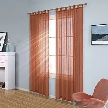 KOUFALL Terracotta Sheer Curtains 84 Inches Long for Living Room 2 Panels Set Tab Top Linen Woven Textured Light Filtering Semi Transparent Rust Colored Curtains for Bedroom Girls 52x84 Inch Length