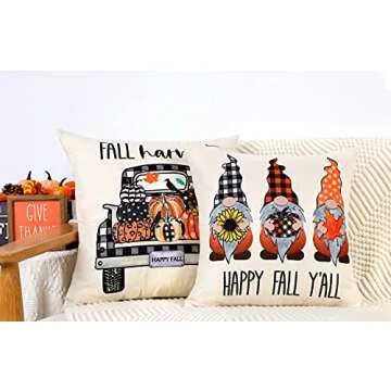 4TH Emotion Fall Decor Pillow Covers 18x18 Set of 4 Thanksgiving Pumpkin Farmhouse Decorations Buffalo Check Gnomes Outdoor Happy Fall Harvest Pillows Decorative Throw Cushion Case for Couch TH006