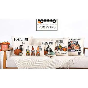4TH Emotion Fall Decor Pillow Covers 18x18 Set of 4 Thanksgiving Pumpkin Farmhouse Decorations Buffalo Check Gnomes Outdoor Happy Fall Harvest Pillows Decorative Throw Cushion Case for Couch TH006