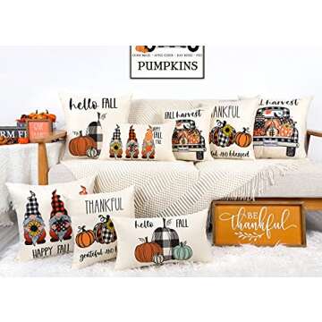 4TH Emotion Fall Decor Pillow Covers 18x18 Set of 4 Thanksgiving Pumpkin Farmhouse Decorations Buffalo Check Gnomes Outdoor Happy Fall Harvest Pillows Decorative Throw Cushion Case for Couch TH006