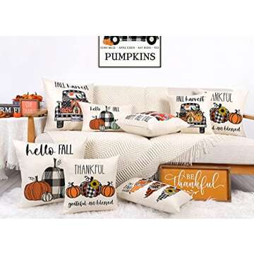 4TH Emotion Fall Decor Pillow Covers 18x18 Set of 4 Thanksgiving Pumpkin Farmhouse Decorations Buffalo Check Gnomes Outdoor Happy Fall Harvest Pillows Decorative Throw Cushion Case for Couch TH006