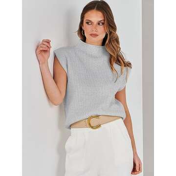 ANRABESS Women's Mock Neck Sleeveless Sweater Vest Casual Cap Sleeve Knit Pullover Tank Tops 2025 Spring Summer Clothes Grey-M