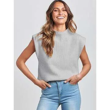 ANRABESS Women's Mock Neck Sleeveless Sweater Vest Casual Cap Sleeve Knit Pullover Tank Tops 2025 Spring Summer Clothes Grey-M