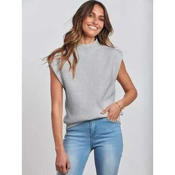 ANRABESS Women's Mock Neck Sleeveless Sweater Vest Casual Cap Sleeve Knit Pullover Tank Tops 2025 Spring Summer Clothes Grey-M