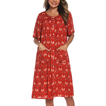 COSUNIONY Women's Cotton House Dress with Pockets - Red Flower, Large