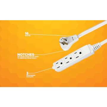 Woods Slimline 16/3 Flat Plug Extension Cord, 13ft, White, 2232