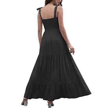 RAMOUG Summer Tie Spaghetti Strap Sleeveless Tiered Smocked Maxi Dress for Women S Black