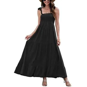 RAMOUG Summer Tie Spaghetti Strap Sleeveless Tiered Smocked Maxi Dress for Women S Black