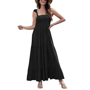 RAMOUG Summer Tie Spaghetti Strap Sleeveless Tiered Smocked Maxi Dress for Women S Black