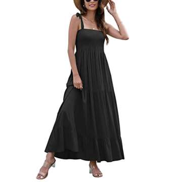 RAMOUG Summer Tie Spaghetti Strap Sleeveless Tiered Smocked Maxi Dress for Women S Black