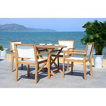 SAFAVIEH Outdoor Collection Chante Teak 35.4" Round Table 5 Piece Dining Set