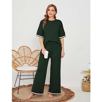 Tanming Sweater Sets Women 2 Piece Lounge Sets Short Sleeve Knit Pullover Tops Wide Leg Pants (ArmyGreen-S)