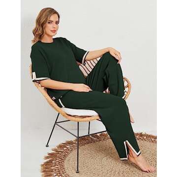 Tanming Sweater Sets Women 2 Piece Lounge Sets Short Sleeve Knit Pullover Tops Wide Leg Pants (ArmyGreen-S)