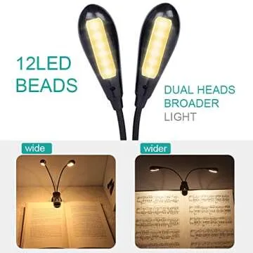 Vekkia Rechargeable 12 LED Warm Book Light, Clip On Bed Reading Light, Music Stand Lamp, 2 Brightness & 2 Goosenecks Light Up 2 Full Pages. Perfect for Bookworms, Kids & Music Lovers