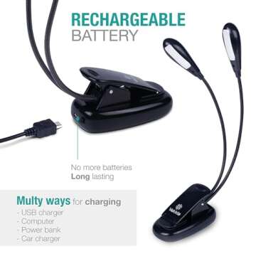 Vekkia Rechargeable 12 LED Warm Book Light, Clip On Bed Reading Light, Music Stand Lamp, 2 Brightness & 2 Goosenecks Light Up 2 Full Pages. Perfect for Bookworms, Kids & Music Lovers