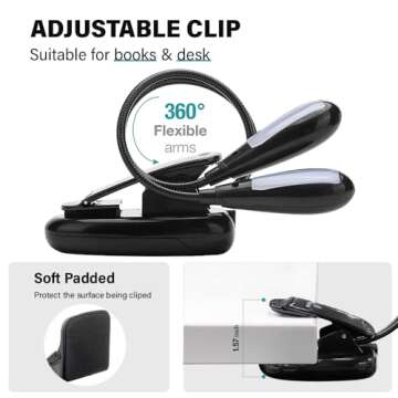 Vekkia Rechargeable 12 LED Warm Book Light, Clip On Bed Reading Light, Music Stand Lamp, 2 Brightness & 2 Goosenecks Light Up 2 Full Pages. Perfect for Bookworms, Kids & Music Lovers