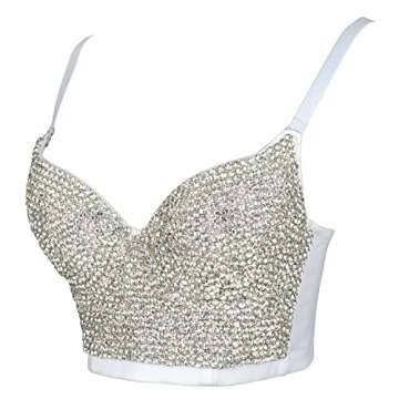 ELLACCI Women's Handmade Rhinestone Diamond Push up Bustier Crop Top Sexy Punk Corset Bra White