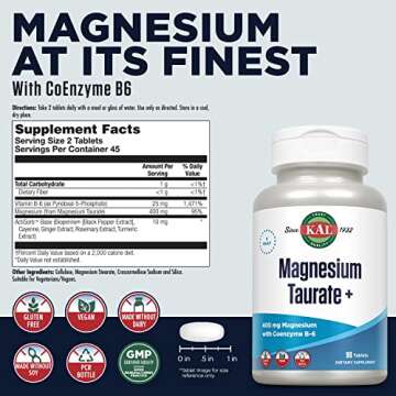 KAL Magnesium Taurate 400mg Plus CoEnzyme Vitamin B6, Chelated Magnesium Supplement, Healthy Muscle ...