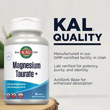 KAL Magnesium Taurate 400mg Plus CoEnzyme Vitamin B6, Chelated Magnesium Supplement, Healthy Muscle Function, Nerve and Heart Health Support, Gluten Free, Vegan, 60-Day Guarantee, 45 Serv, 90 Tablets