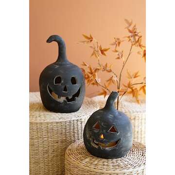 Kalalou Artisan Black Clay Jack-O-Lanterns Set of Two