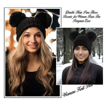 Arctic Paw Winter Hats for Women Black Beanie Cable Knit Beanie Faux Fur Pompom Beanie Hat Black Ball