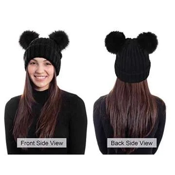 Arctic Paw Winter Hats for Women Black Beanie Cable Knit Beanie Faux Fur Pompom Beanie Hat Black Ball